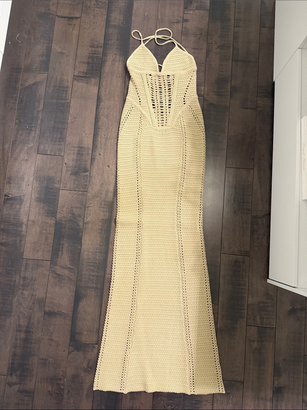Baby Boo Crochet Halter Maxi Dress in Beige
